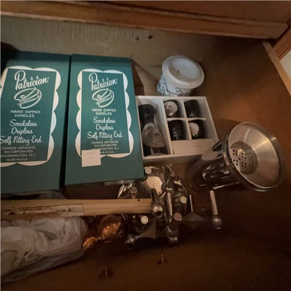 Lot: Patrician Candles, Porcelain Sake Set, Utensils, Linens