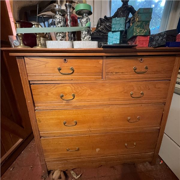 Vintage 5-Drawer Solid Wood Dresser with Brass Handles