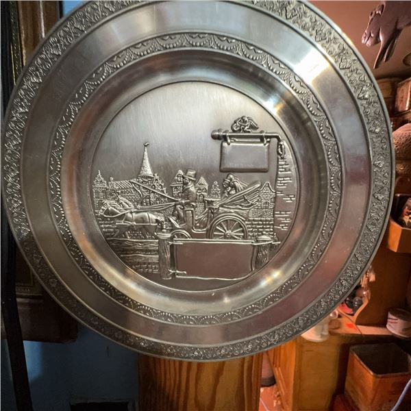 4 Embossed Pewter Plates with Equestrian and Rural Scenes