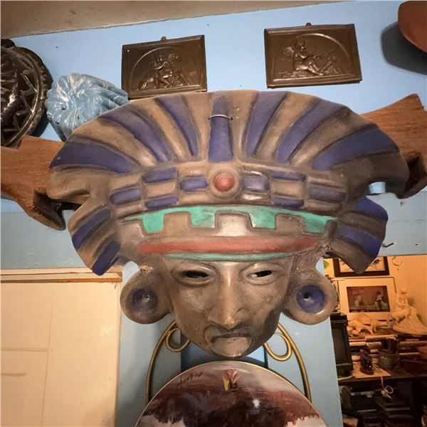 Decorative Aztec-Style Wall Mask With Wooden Mount