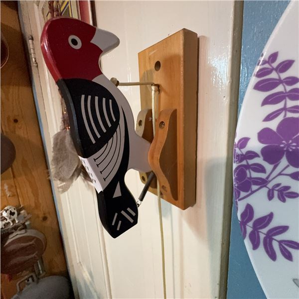 Vintage Woodpecker Wall Toy with String and Mount