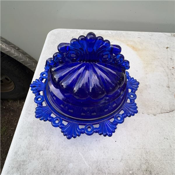Vintage Cobalt Blue Glass Butter Dish with Lid