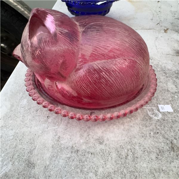 Pink Depression Glass Cat Covered Dish