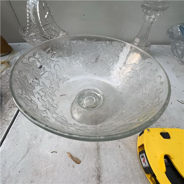 Large Pressed Glass Punch Bowl with Floral Pattern