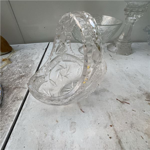 Cut Glass Crystal Basket Bowl, 9 Inches