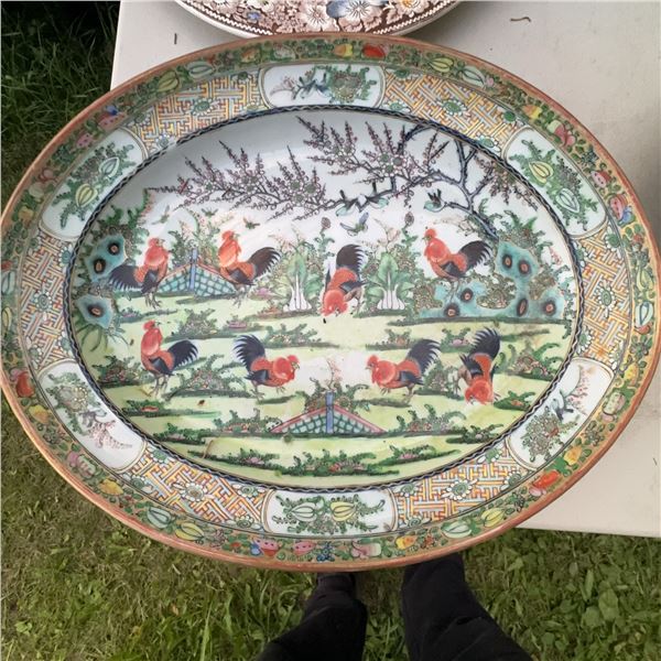 Large Chinese Famille Verte Porcelain Charger, Rooster Motif, 18 Inch