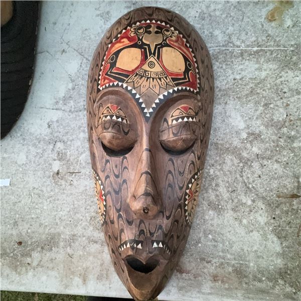 Hand-Carved Wooden Tribal Mask with Painted Details, 20"