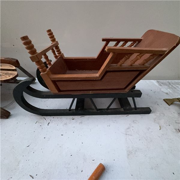 Wood Sleigh Model and Hand-Carved Folk Figure Pair