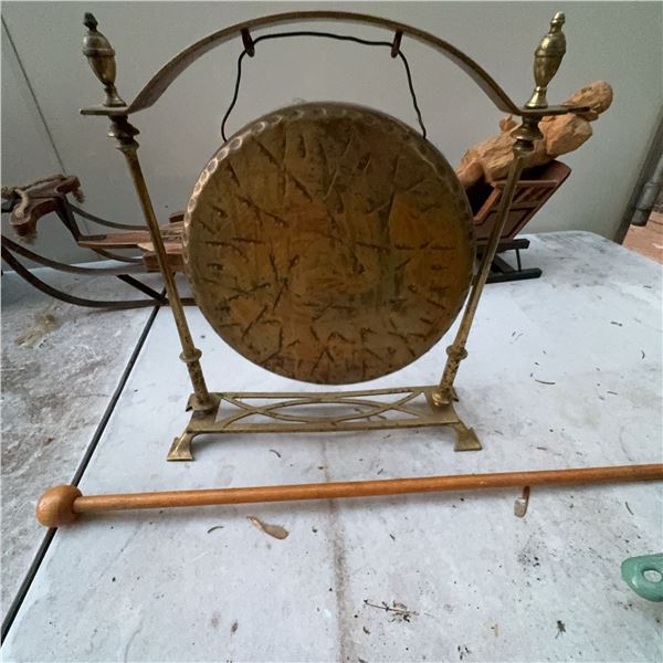 Brass Tabletop Gong With Wooden Mallet, 15 Inches High