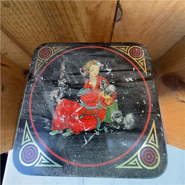 Vintage Asian-Inspired Metal Tin with Dog Motifs