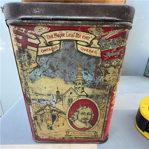 Antique Canadian Maple Leaf Tin with Historical Figures