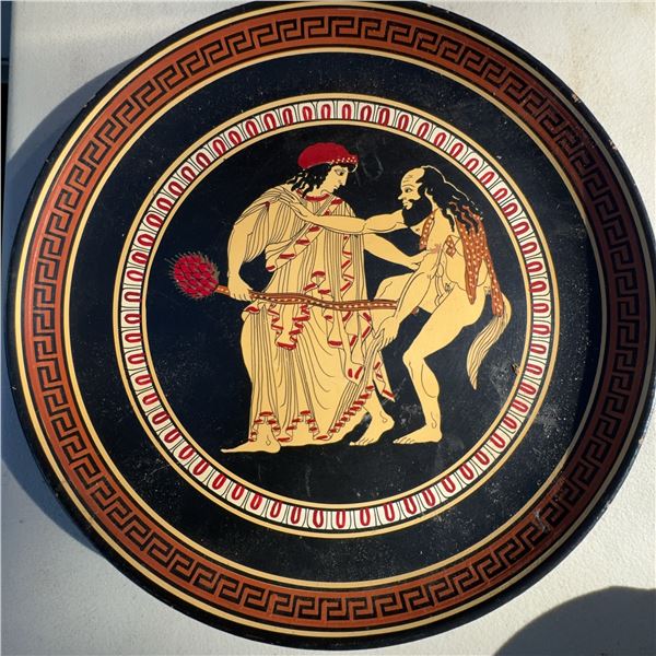 Hand-Painted Greek Plate, Maenad and Silenos, Signed