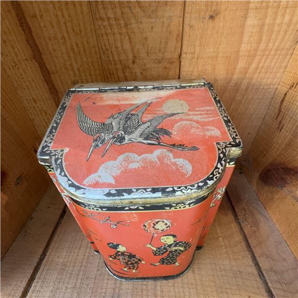 Vintage Japanese-Style Tin Tea Canister with Bird Motif