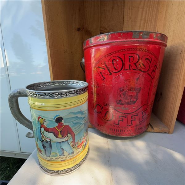 Vintage Norse Coffee Tin and Decorative German Beer Stein