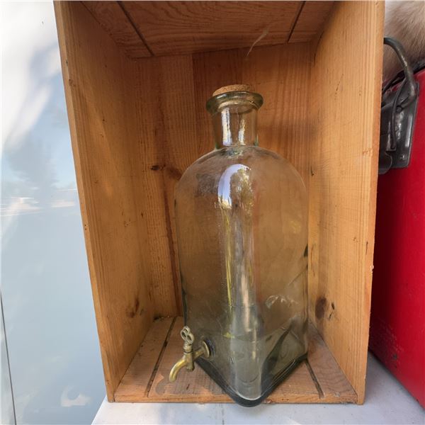Vintage Glass Water Dispenser with Brass Tap and Cork Stopper