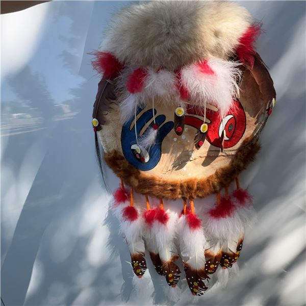 Handmade Indigenous Painted Drum with Fur and Feather Accents, 18"