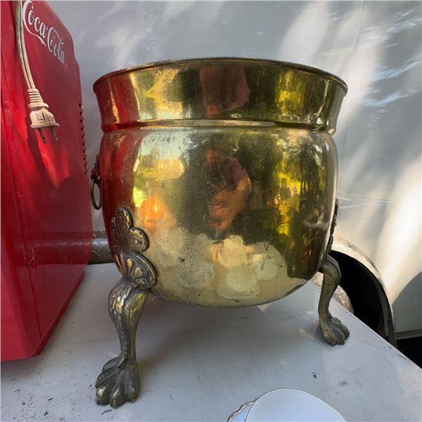 Large Brass Planter or Jardinière with Lion Head Handles, 15" Diameter