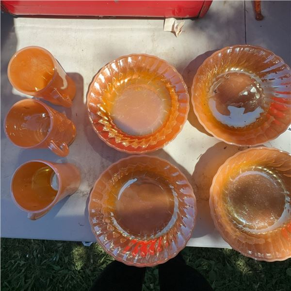 Fire-King Peach Lustre Glassware Set, Mugs and Bowls