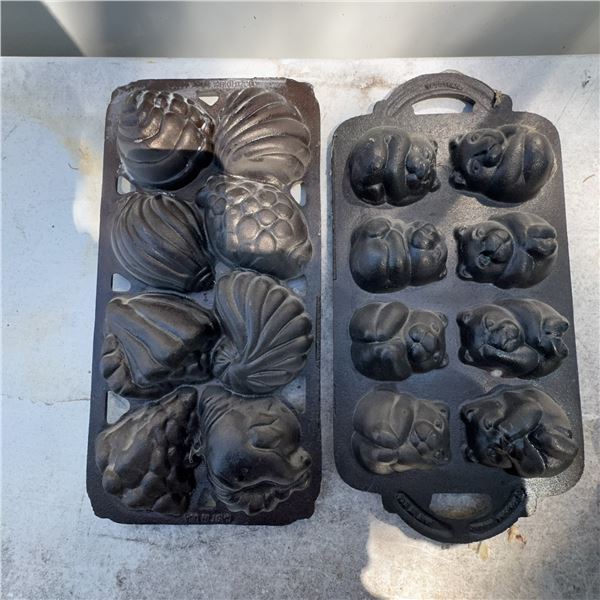2 Cast Iron Baking Moulds – Shell, Fruit, and Animal Shapes