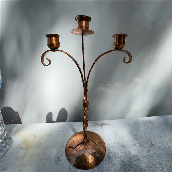Vintage Hand-Hammered Copper 3-Arm Candelabra, 12" Tall