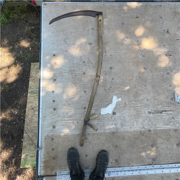 Vintage Wooden Scythe with Curved Blade