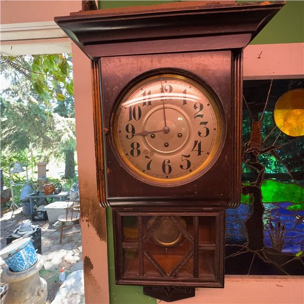 Antique Wooden Wall Clock with Pendulum and Key (28" x 15")