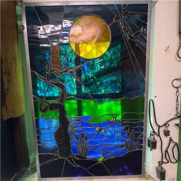 Stained Glass Panel With Moonlight Lake Scene, 23" x 18"