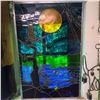 Image 1 : Stained Glass Panel With Moonlight Lake Scene, 23" x 18"
