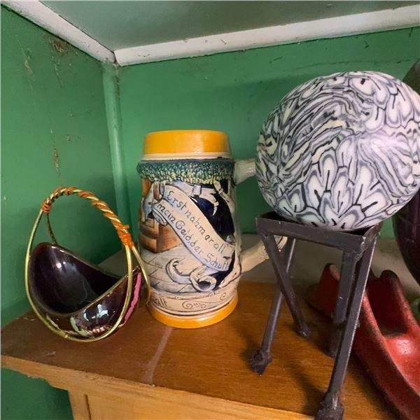 Eclectic Shelf Lot: Glassware, Pewter Mug, Stone Obelisk, and Decor