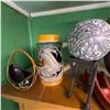 Image 1 : Eclectic Shelf Lot: Glassware, Pewter Mug, Stone Obelisk, and Decor