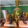 Image 4 : Eclectic Shelf Lot: Glassware, Pewter Mug, Stone Obelisk, and Decor