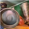 Image 6 : Eclectic Shelf Lot: Glassware, Pewter Mug, Stone Obelisk, and Decor