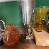 Image 7 : Eclectic Shelf Lot: Glassware, Pewter Mug, Stone Obelisk, and Decor