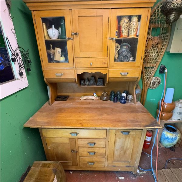 Vintage Oak Hoosier Cabinet with Glass Doors