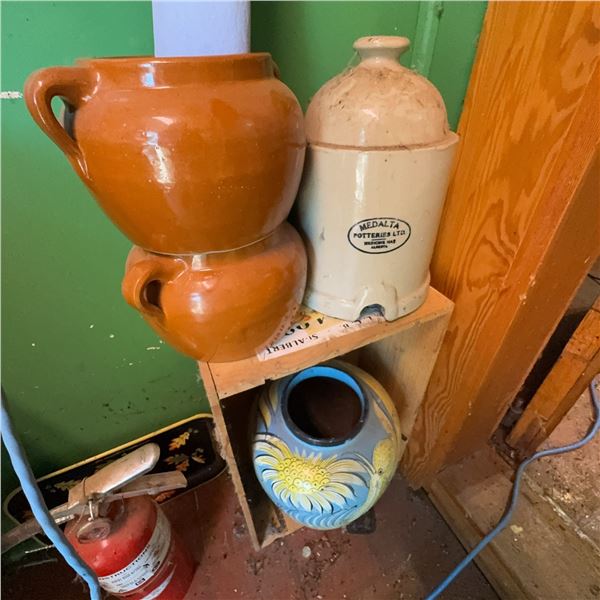 Medalta Pottery Stoneware Crock and Three Assorted Vintage Jugs