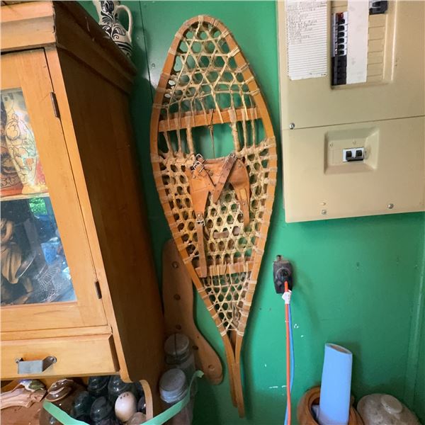 Vintage Wooden Framed Snowshoe with Leather Bindings, 37 Inches