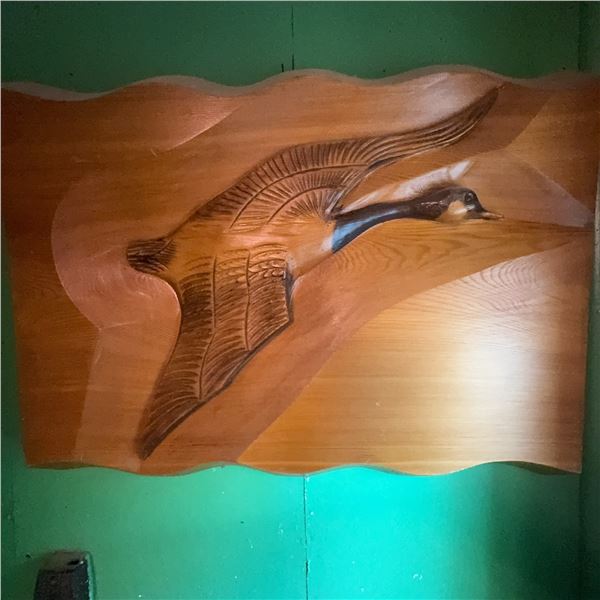 Hand-Carved Wood Relief Wall Art With Flying Goose 24" x 36"