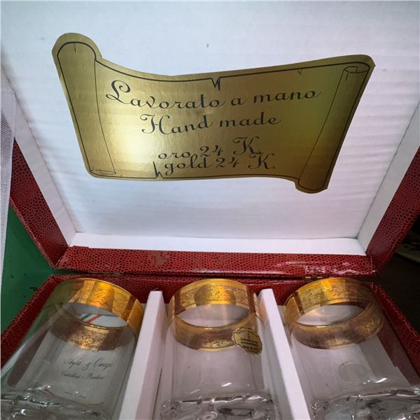 6 Cristal T. Murano Gold Rimmed Hand Made Glasses