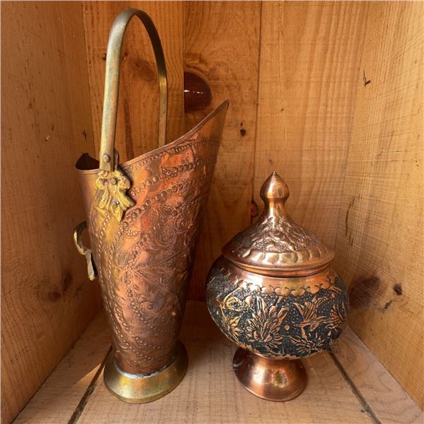 Embossed Copper Water Pitcher and Lidded Decorative Jar