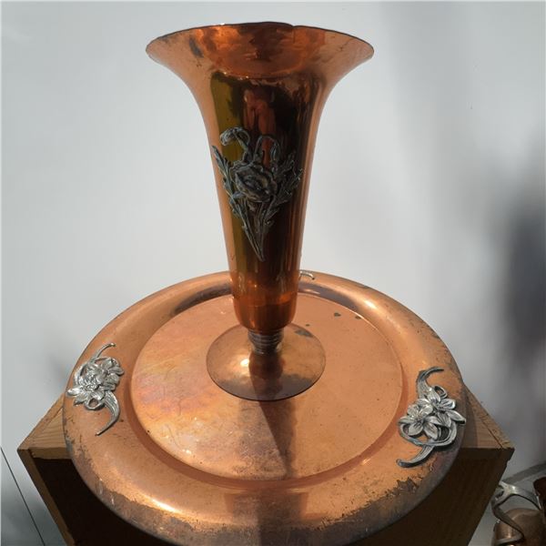 Canadian Solid Copper Vase and Plate with Silver Floral Appliques