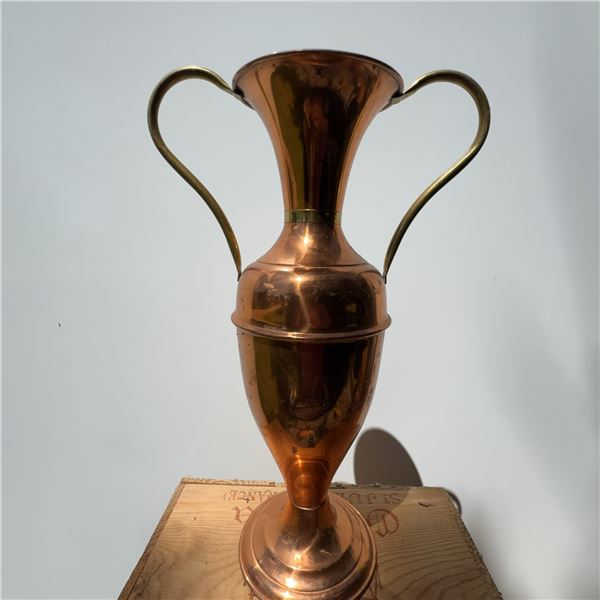 Vintage Tall Copper Vase with Brass Handles, 17.5"