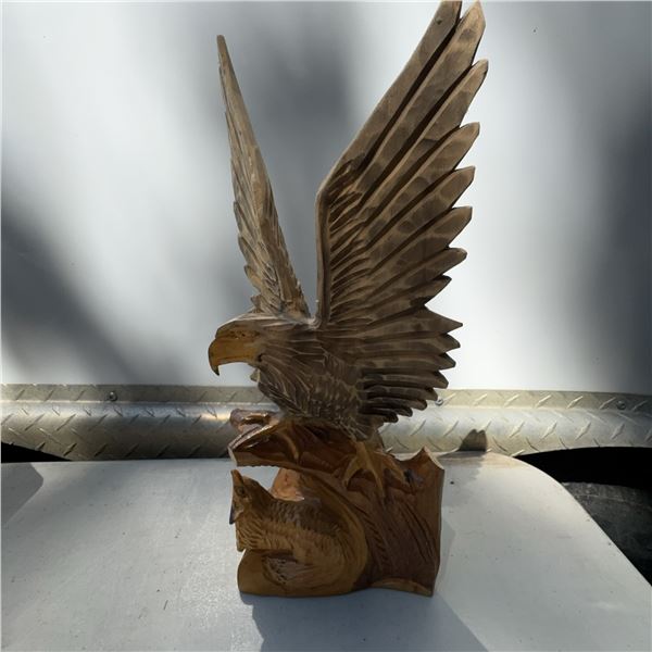 Hand-Carved Wooden Eagle Sculpture with Fish Motif, 16" Tall