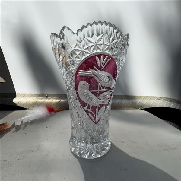 Cut to Clear Bohemian Crystal Vase with Bird Motif, 10.5" Tall