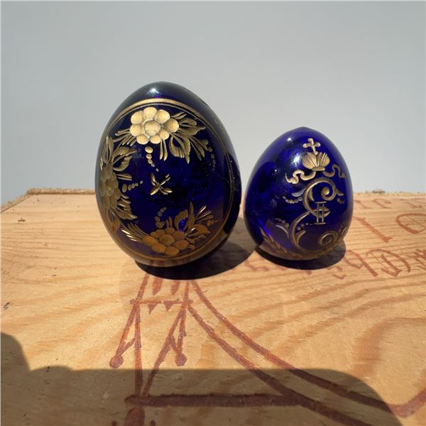 Russian Blue Glass Eggs with Gilt Floral Design