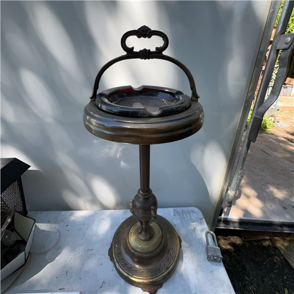 Antique Standing Brass and Marble Ashtray with Ornate Details