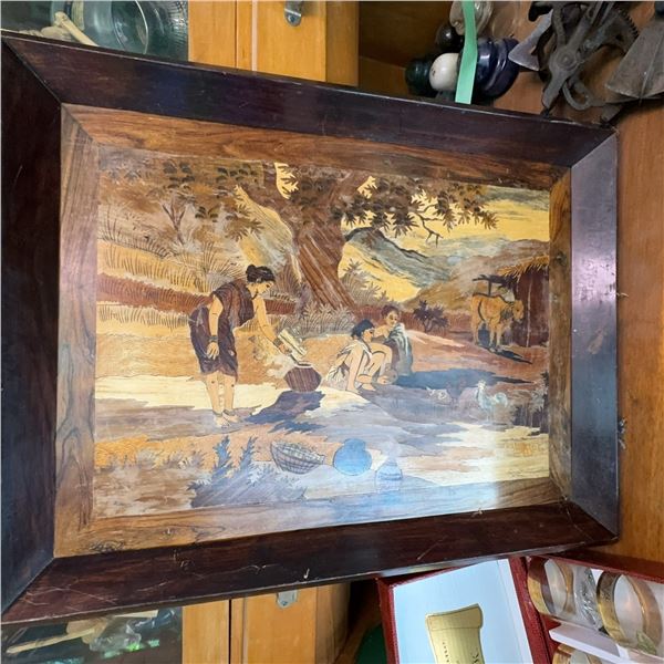 Vintage Marquetry Wall Art With Rustic Scene, 60 x 45 cm
