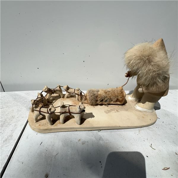 Inuit-Inspired Carved Dog Sled Team Sculpture with Fur Accents
