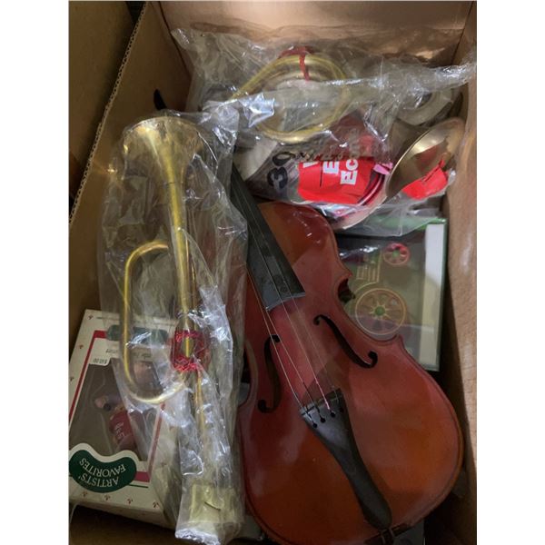 Box Lot with Toy Violin, Brass Bugle, Ornaments and Decorations