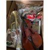 Image 1 : Box Lot with Toy Violin, Brass Bugle, Ornaments and Decorations
