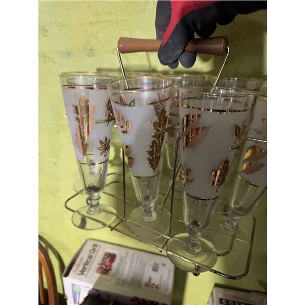 8 Frosted Gold Leaf Tall Glasses with Metal Carrier